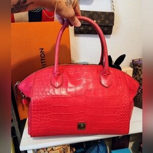 MCM Pink Croc-Embossed Leather Satchel